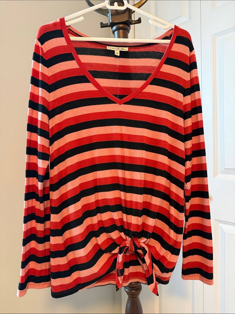 Express Orange & Black Striped V-Neck Tie-Front Long Sleeve Top